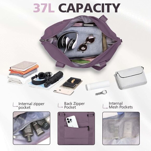 Women Men Purple Waterproof Carry On Tote Travel Duffle Bag with Trolley Sleeve - Picture 3 of 7